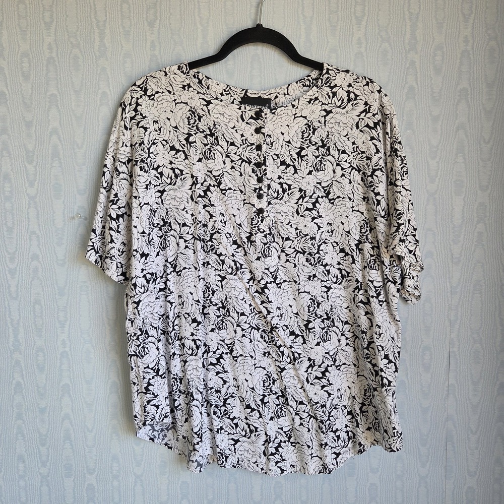 Vtg‎ Notations Womens 1X 2X Blouse Floral Breezy Lagenlook Black White Shirt